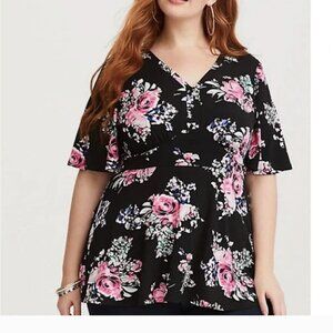 TORRID Black Floral Tie Side Blouse Top Tie Waist Flowers Print V Neck Plus Size